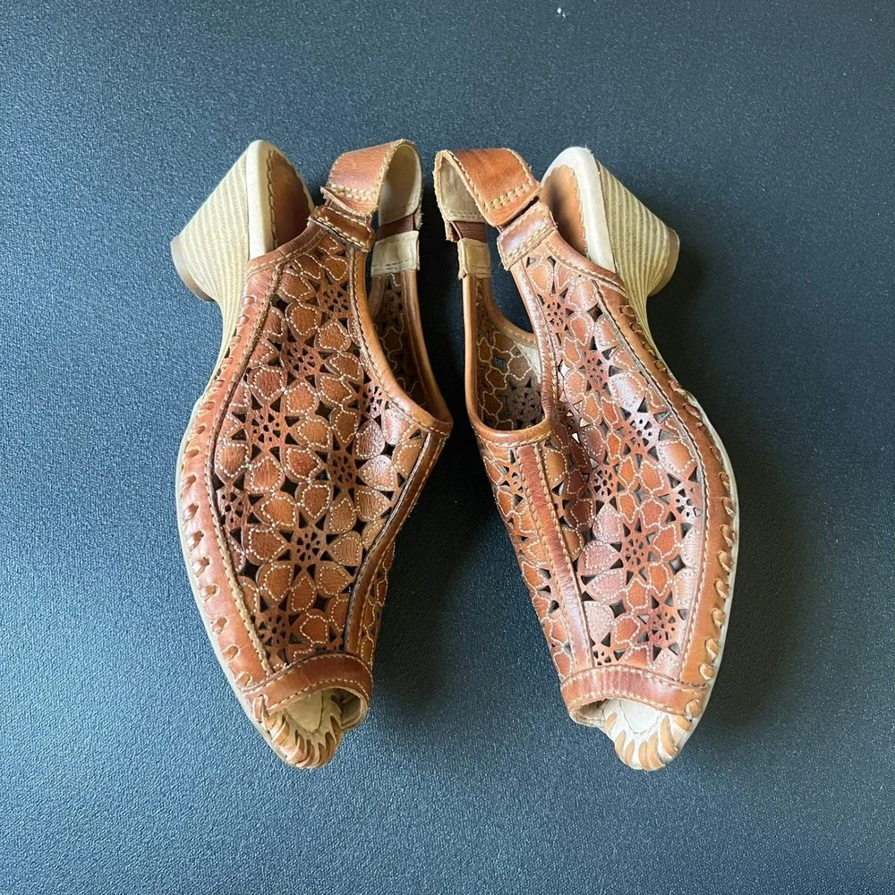 Pikolinos Tan Leather Floral Laser Cut Wedge Slingback Sandals EU 37 US 6.5 Boho
